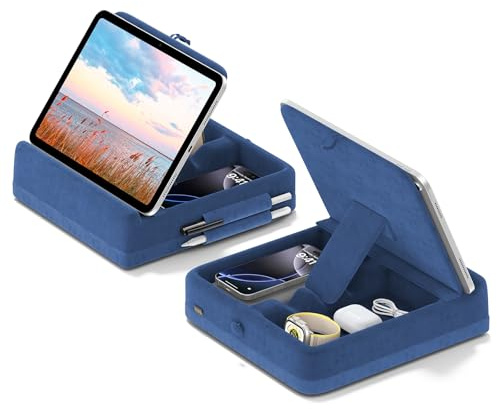 KDD Tablet Pillow Stand with Storage, Foldable iPad Holder for Lap, Desk and Bed, Angle Adjustable Soft Pad Dock with Stylus Mount Compatible with iPad Pro, Air, mini, Book, Phone and Tablet (4-13)