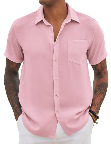 COOFANDY Hommes Chemises Manche Courte Casual Business Shirt Été Chemise Décontractée Chemise de Plage avec Poches Rose S
