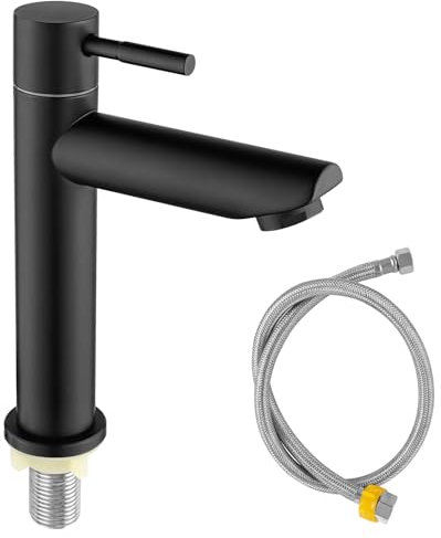 Kaltwasserhahn Schwarz für Gäste WC,Wasserhahn Kaltwasser,Einhebelmischer Kaltwasser Armaturen aus Edelstahl 304,Kaltwasser Wasserhahn Bad Schwarz mit 60cm Anschlussschlauch,Kaltwasserhahn Gäste WC
