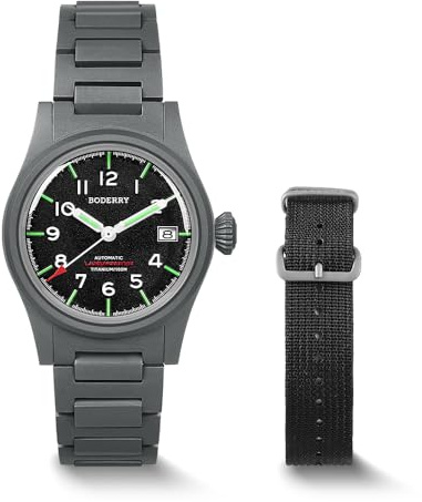 BODERRY Men's 38mm Titanium Watch, Automatic, Military, Day/Date Function, 100M Waterproof, Nylon Strap, Japanese NH35 Movement, Screw-Down Crown — LANDMASTER