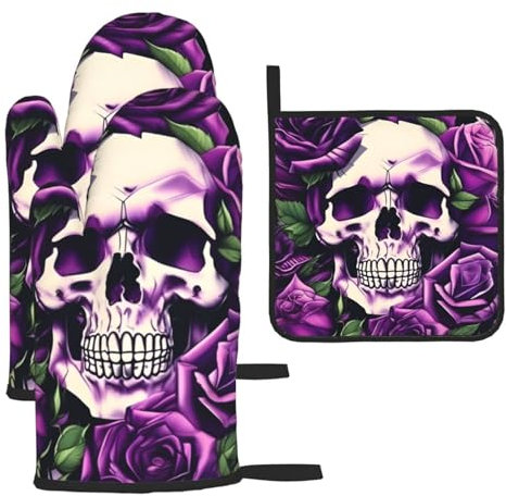 Set di 3 guanti da forno e presine con teschio di rosa viola, resistenti al calore, regalo da cucina per cucinare