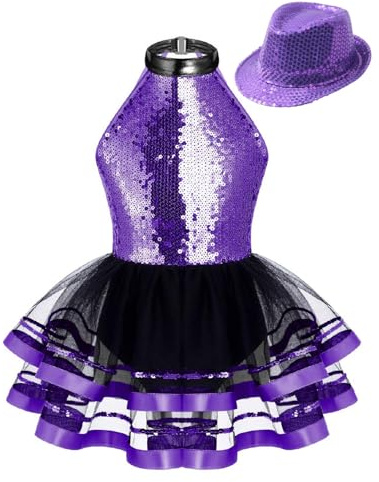 inhzoy Vestito da Pattinaggio Artistico Bambina con Cappello di Paillettes Abito tutù Danza Ballerina Body Danza Classica Ginnastica Ritmica Costume da Ballo Latino Americano Viola 9-10 Anni