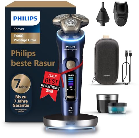 Philips Rasoir i9000 Prestige Ultra, Rasoir électrique 100% étanche, Technologie Skin IQ Pro, Système Triple Lift & Cut, Lames de précision NanoTech rotatives 360°, 5 modes de rasage, XP9401/38