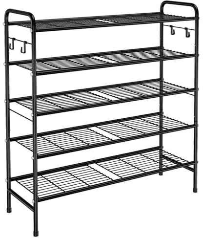 VILICK 5 Tier Shoe Rack 33 Wide Metal Shoe Organizer Long Shoe Storage with 4 Side Hooks Sturdy Shoes Shelf for Closet, Front Door Entrance, Garage, Dorm, Black