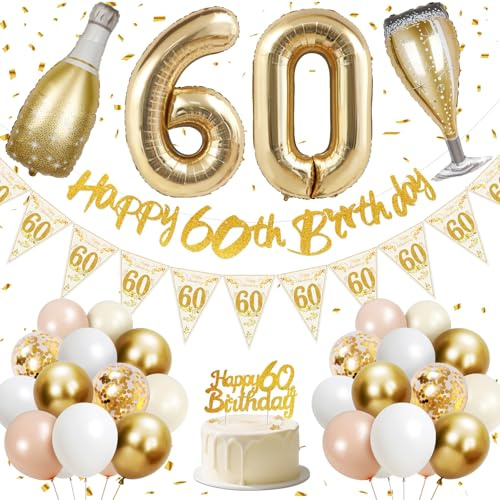 Deko 60 Geburtstag Frau, 60 Geburtstag Frau, Happy 60th Birthday Banner, 40 Zoll 60 Folienballons, Champagner Flasche und Glas Folienballons, Gold, Rosa, Weiß Konfetti Luftballons, Kuchentopper