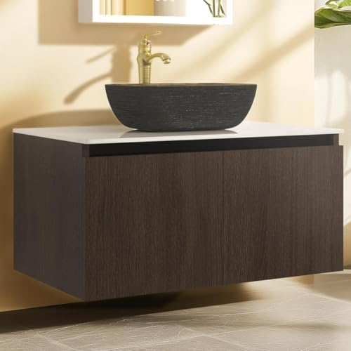 LUVODI Armario de Baño Suspendido con Lavabo de cerámica, Mueble de baño con Grifo de Bronce, Tapa de PVC y Cuerpo de Armario Color Nogal, Juego de Muebles para baño, 100x50cm