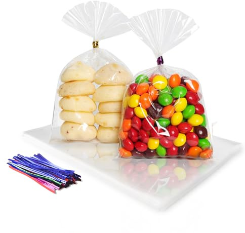LOLYSIC 200 Stück Durchsichtige Cellophantüten 20 x 30 cm, Durchsichtige Geschenktüten mit 200 bunten Bändern, Klarsichttüten, Zellophantüten für Süßigkeiten, Kuchen, Spielzeug und Partygeschenke