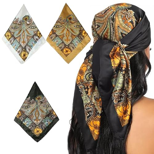 Sikweny 3 Pièces Foulard Cheveux Femme Foulard Femme Soie Lot Bandana Cheveux Trois Couleurs Carré de Soie Plage Accessoire Silk Scarf pour Loisirs Quotidiens DéPlacements (Noir, Blanc, Camel)