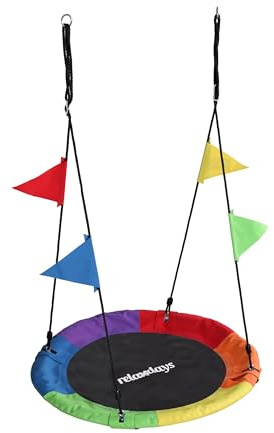 Relaxdays Nestschaukel, runde Hängeschaukel, mit Wimpeln, Kinder, verstellbar, Outdoor, Ø: 100 cm, bis 100 kg, bunt