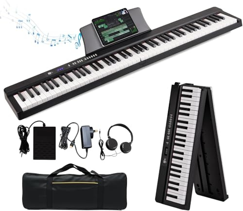 MoraRise 88 Key Folding Piano Keyboard, Full Size Semi-Weighted Digital Piano with Bluetooth MIDI, 128 Tones & Rhythms, 80 Demos, Dual Power Options, Portable Electric Piano for Beginners