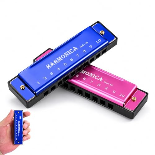 2 Pcs Harmonicas, Blue and Pink Harmonica, 10 Hole 20 Tone Diatonic Mouth Organ Harmonica c, Titanium Mini Harmonicas for Adults Beginners & Performers, Thanksgiving Easter Gift for Music Lover