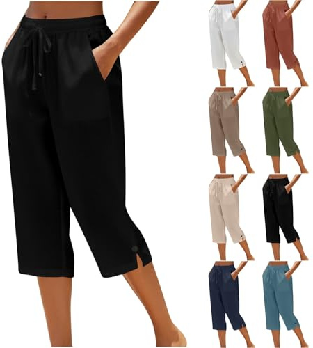 YNRENHNEE Pantaloni Capri Donna Estivi Cotone Pantaloni Larghi Leggeri Elastico Vita Alta Casual Pantalone Elegante Lino da Spiaggia Sportivo Lavoro Pantalone con Coulisse Gamba Dritta Linen Pants