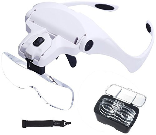 Queta Loupe Frontale Lunette de Loupe Loupe Eclairante Loupe Bijoutier Lunettes Grossissantes Ajustable Avec Éclairage LED Pour Lecture, Bijoutier, Couture, du Bricolage et Travail de Précision