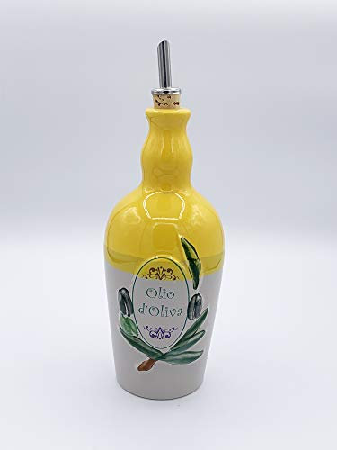amarcord Bouteille jaune pour huile avec doseur en céramique peinte à la main 1 l