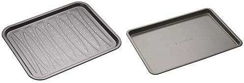 MasterClass Crisper Tray with PFOA Non Stick, Robust 1 mm Carbon Steel, 39 x 31.5 cm & Baking Tray, Non-Stick Oven Tray for Baking and Roasting 35x25x2cm, Sleeved