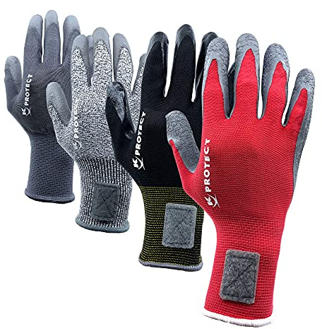 KELI - Lot 4 Paires de Gants Tous Travaux, Usage Professionnel, Breveté NOLOST, SuperGrip, Anti-coupure, Manipulation milieu humide, Manutention, Gris/Rouge/Noir, Taille 9/10