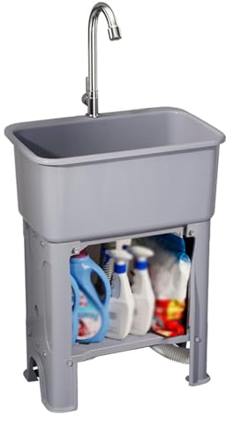 WBJGUOD Stazione lavamani Indipendente, lavello Portatile per Esterni, lavello in plastica per Lavanderia con ASSE da bucato, Campeggio per Stanza, Cantina, Camper (40x40 cm, Grigio)