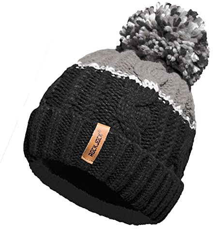 RockJock Unisex Mens Ladies Warm Winter Chunky Colour Block Ski Bobble Pompom Hat with Cosy Thermal Teddy Fleece Liner-Black/Grey