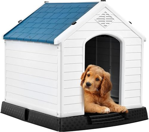 GYMAX Outdoor Hundehütte mit Schrägdach & erhöhtem Boden, Hundehaus aus Kunststoff, Wetterfeste Hundehöhle im Landhausstil (Weiß + Blau, 87 x 78 x 82,5 cm)