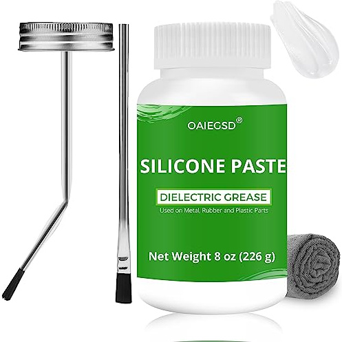 8oz Silicone Paste Automotive & Dielectric Grease for Electrical Connectors (with Curved & Straight Brush + Towel), 100% Waterproof Silicone Grease for O-Rings, Brake, Marine & Universal Use