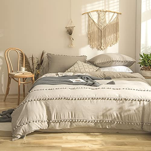 Herside Double Duvet Cover Set Taupe Boho Bedding Shabby Chic 3 Layers Pom Poms Fringed Soft Tan Grey Microfibre Bedding with 2 Pillowcases (Taupe,Double)