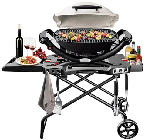 GFTIME Tragbarer Grillwagen für Weber Q1000, Q2000 Gasgrills, Rollwagen Grilltisch für Blackstone 43cm, 56cm, Grillständer Outdoor Servierwagen Grill Trolley für Weber Q1200, Q1400, Q2200, Q2400.