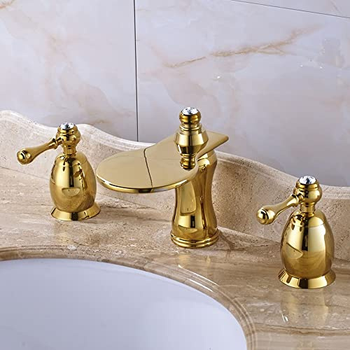 ADITAM Robinet de Lavabo de Salle de Bain Design de Luxe doré Robinet de Lavabo à Double Poignée, Mitigeur de Salle de Bain à Cascade Monté sur Le Pont Robinets de Lavabo Double The Comfort