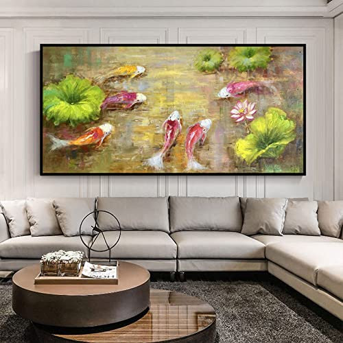 Ölbilder Auf Leinwand Handgemalt,Extra Großes 100 % Handgezeichnetes Strukturiertes Kunstwerk, Abstraktes Fisch-Lotus-Acrylbild, Ungerahmt, Pop-Cool-Gemälde, Kunstwand, Wohnzimmer, Schlafzimmer, G