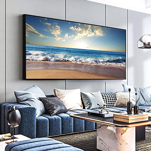 HYFBH Modern Seaside Sunsets Natural Sea Beach Landscape Poster Prints Canvas Painting Panorama Wall Art Picture for Living Room 86x175cm/34x69inch With-Black-Frame