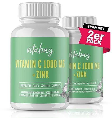 Vitabay Vitamin C Zink Tabletten 400 Vegane Tabletten 1000mg 2er Set | Vitamin C hochdosiert Zink hochdosiert 1000mg C+ Kapseln