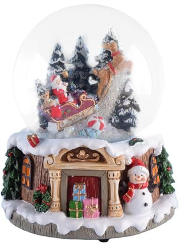 Schneekugel/Spieluhr mit Weihnachtsmann auf Schlitten ⌀100mm, weihnachtlicher Sockel mit Kamin Musik, H: 14,5cm