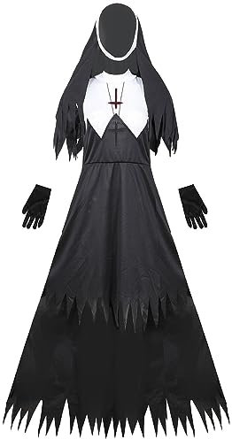 Nonnen Kostüm Nonne Kleid mit Haube Faschingskostüme Damen Cosplay Gebetskleidung für Frauen Kleid mit Hut Halloween Vampir Kostüm Damen