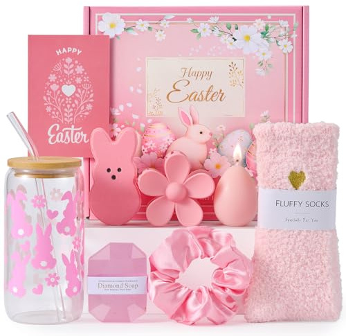 Larchio Easter Basket Stuffers For Teen Girls Women, Easter Gifts for Adult Women with Bunny Tumbler Scented Candle Spa Gifts for Wife Sister Girlfriends