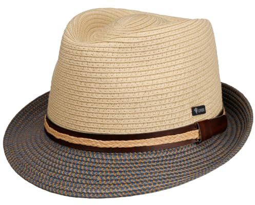 Lipodo Chapeau en Paille Montenovo Trilby Homme - Made in Italy de Soleil avec Bandeau Cuir Ete Printemps-ete - L (58-59 cm) Beige-Bleu