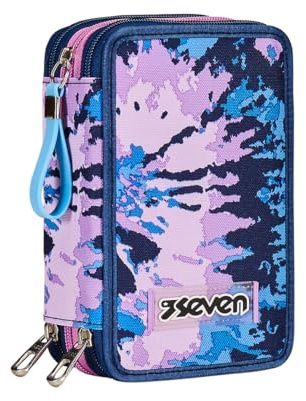 Seven Federmäppchen, Mäppchen, Mehrfarbig, Federtasche für Schreibwaren, Etui komplett mit Bleistiften, Filzstiften, Schulmaterial, mit 3 Fächern, Mädchen, Schule - Grundschule, XXL rosa lila