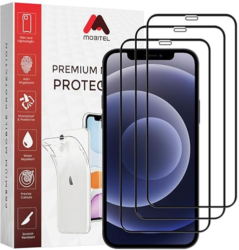Mobitel 3-Pack Tempered Full Coverage Glass Screen Protector 9H Hardness Anti-Bubble Anti-Scratch Case Friendly Easy Installation HD Clear (iPhone 12/12 Pro)