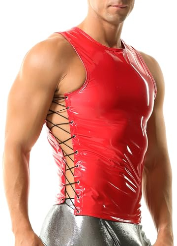 YUFEIDA Mens Faux Leather Undershirts Lace Up Sleeveless Tank Tops Musclar Tops Shirts Fashion Undershirts