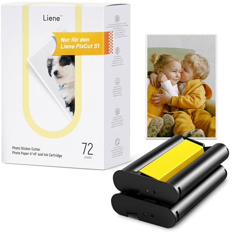 Liene Carta Fotografica & Cartucce - 2 ricariche & 72 fogli 10x15 cm, Sublimazione termica, resistente ad acqua & ossidazione, compatibile con Liene PixCut S1