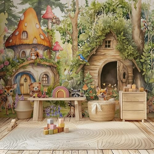 madras24 Papier peint photo animaux de la forêt pour chambre d'enfant, papier peint pour enfants, arbres, décoration murale, papier peint sur mesure aquarelle