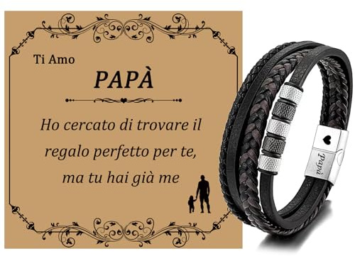 JSNOM Bracciale Regalo Festa del Papà: Bracciali Gioielli in pelle Intrecciata Regalo di Natale Compleanno, Braccialetto pelle Regali per la festa del Papà (Argento, 8.3inch)