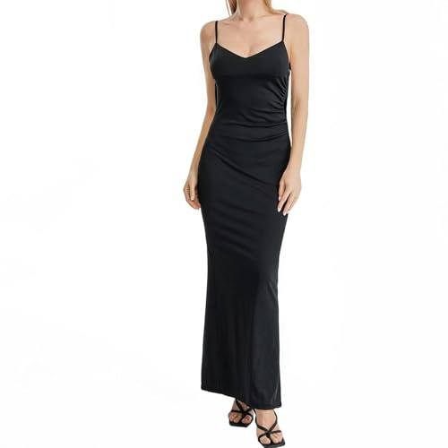 Robe de soirée à col bénitier pour Femme, Robe de Cocktail, sans Manches, Longue, à Bretelles, Noire, S
