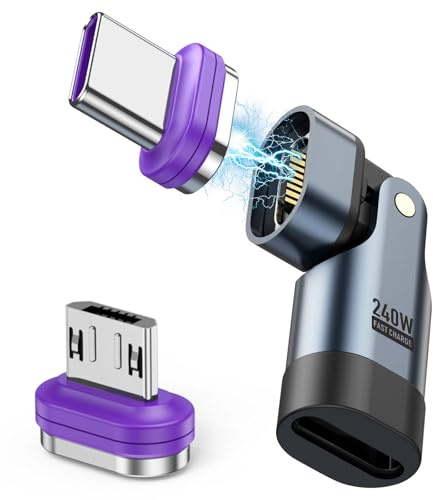 AXFEE Adaptador Magnético 240W USB-C/Micro USB 2-en-1 180° 9 Pines | Giratorio de 180°, para teléfono 14/15/16 Pro Max, MacBook, Tablet