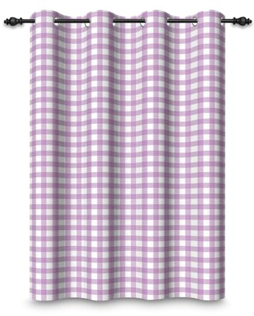 ggaimwf 42x 63 Plaid Eyelet Curtain Check Light Purple and White,1 Panel | Gingham Checkered Squares Pattern.Farmhouse Privacy Thermal Insulated Curtain.Blackout Window Drapes for Bedroom Living Room.