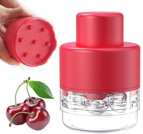 Cherry Pitter, 7 Grid Multi Cherry Stoner with Easy Squeeze Spring Cover and Juice Container Fruit Tools, Cherry Seed Remover Kitchen Gadget for Cherry Pip Dates Pitting Device