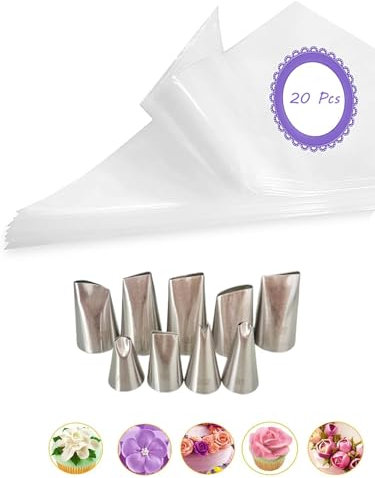 Flower & Leaf Piping Nozzles Set, 79, 81, 104, 123, 124, 125, 126, 127,352 Tip for Cake & Cupcake Decorating with 12-Inch Disposable Piping Bags