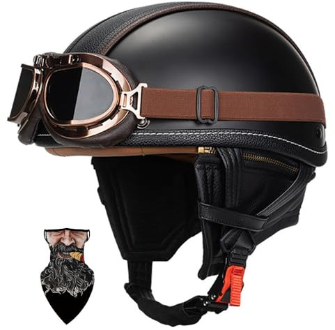 HALYING Casco Moto Vintage Semi-Aperto in ABS con Collare Rimovibile - Casco Scodella Leggero per Scooter/Cruiser, Fodera in Traspirante, EPS Antishock, Fibbia Rapida Unisex 55-64cm