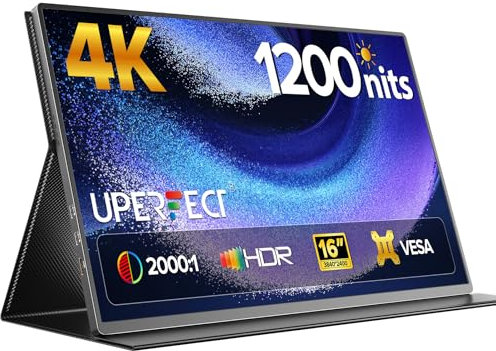 UPERFECT 4K Portable Monitor 16 3840x2400 UHD HDR |1200cd/㎡ Brightness| 16:10 | 2000:1 | Portable Gaming Display, IPS FreeSync Speaker Travel Extra Screen for Laptop, USB-C Monitor, VESA & Smart Case
