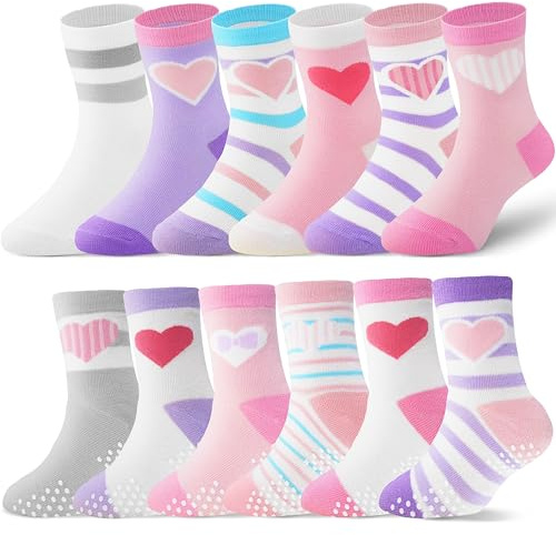 ANTSANG Baby Girls Toddlers Grips Socks Kids Non Slip/Anti Skid Unicorn Striped Crew Cotton Gift Socks(Colorful Heart,3-5T)