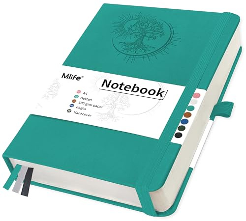 Mlife Notizbuch A4 Dotted mit Lebensbaum-Design,360 Seiten,100gsm Liniert Papier,PU-Cover Notizbuch,Elastisches Band,Stifthalter,3 Lesezeichen-für Frauen Männer,21.3 * 28.1cm（Blaugrün）