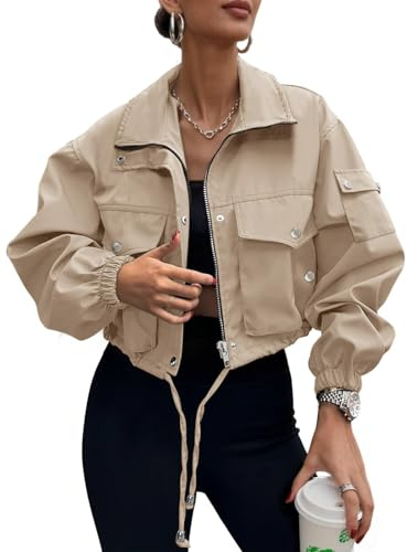 UEAL Womens Fall Fashion 2026 Cropped Zip Up Light Windbreaker Bomber Jacket Trendy Small Khaki